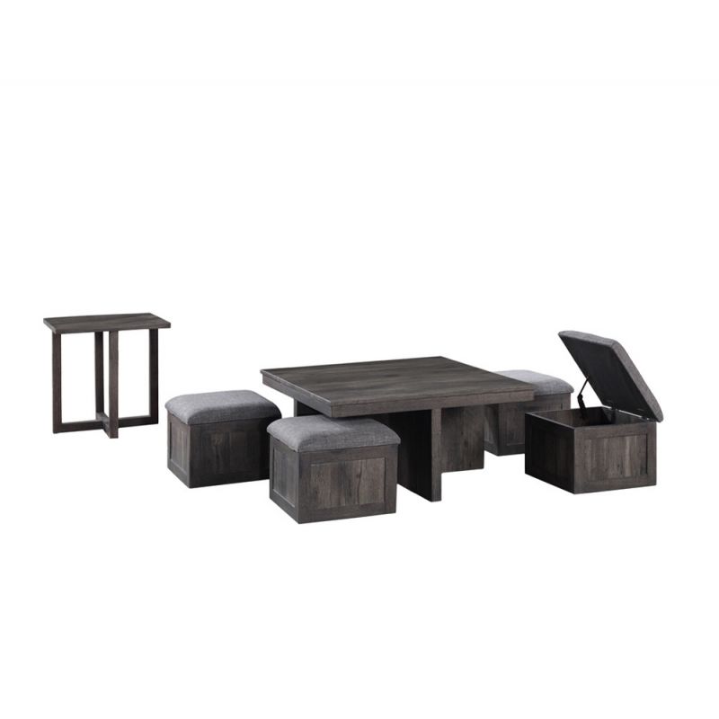 Lilola Home - Moseberg Rustic Wood Coffee Table with Storage Stools and End Table Set - 98013-SET