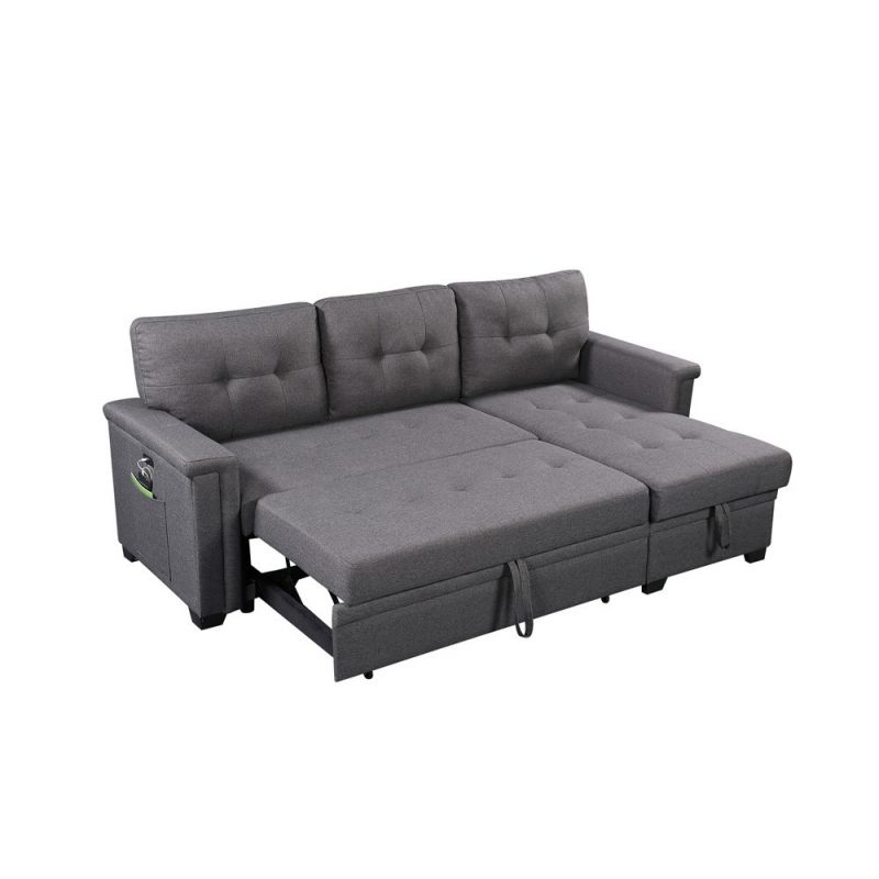Lilola Home - Nathan Dark Gray Reversible Sleeper Sectional Sofa with Storage Chaise, USB Charging Ports and Pocket - 881382
