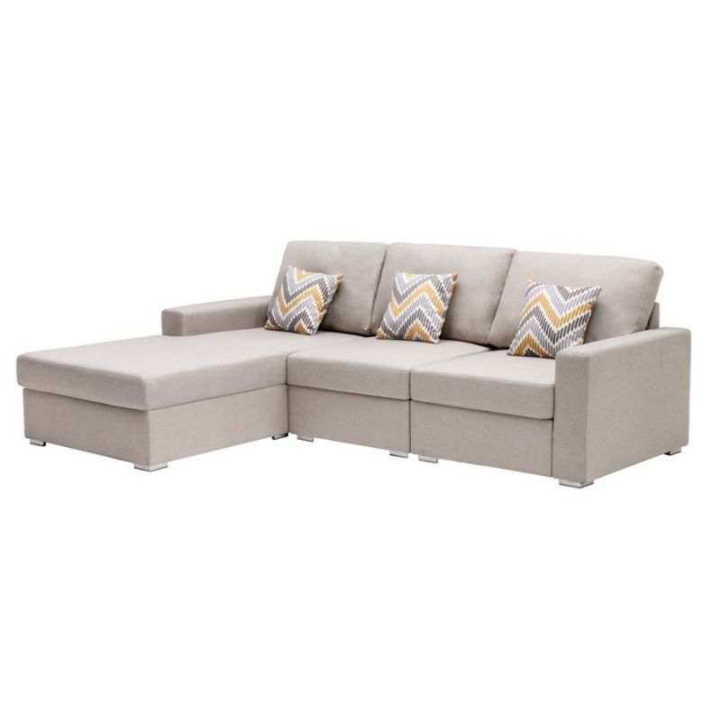 Lilola Home - Nolan Beige Linen Fabric 3Pc Reversible Sectional Sofa Chaise with Pillows and Interchangeable Legs - 89420-12A
