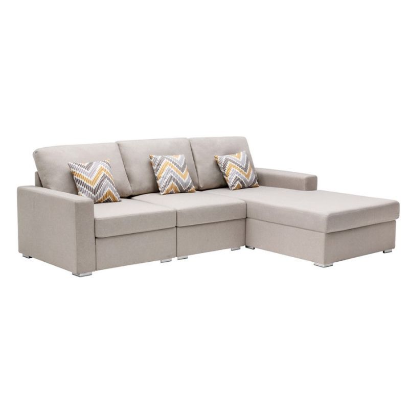 Lilola Home - Nolan Beige Linen Fabric 3Pc Reversible Sectional Sofa Chaise with Pillows and Interchangeable Legs - 89420-12B