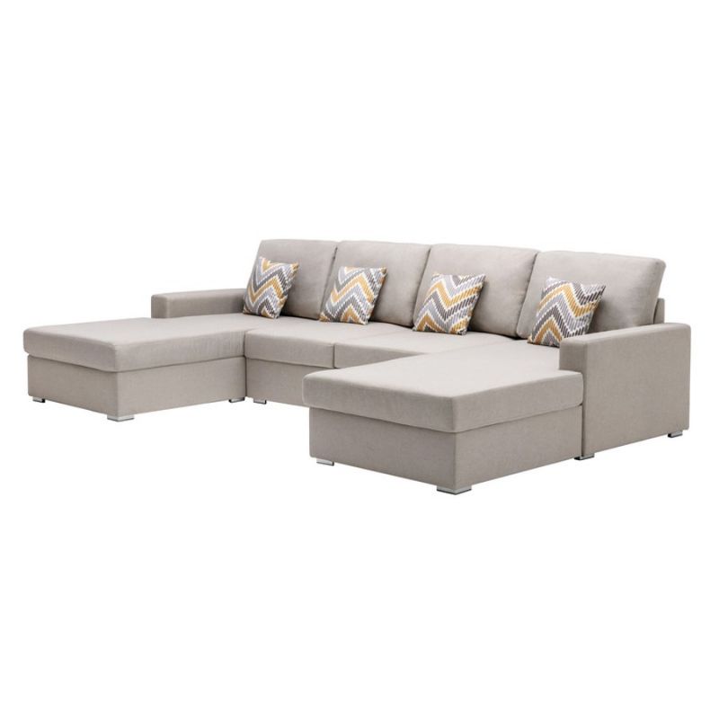 Lilola Home - Nolan Beige Linen Fabric 4Pc Double Chaise Sectional Sofa with Pillows and Interchangeable Legs - 89420-9