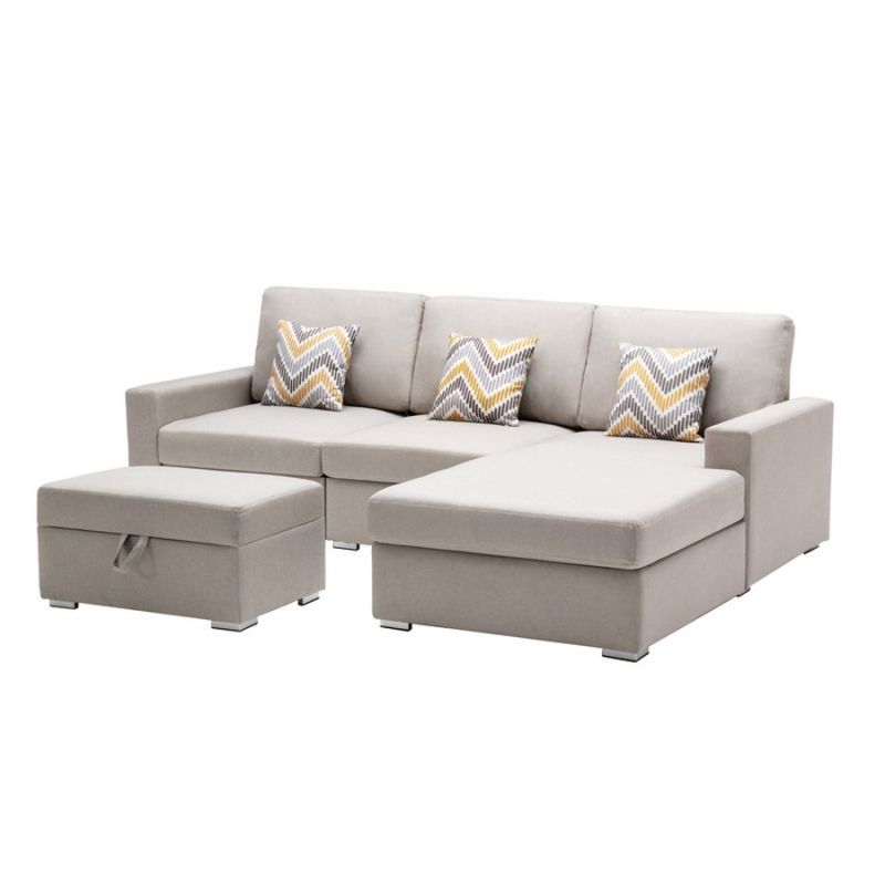 Lilola Home - Nolan Beige Linen Fabric 4Pc Reversible Sofa Chaise with Interchangeable Legs, Storage Ottoman, and Pillows - 89420-21B