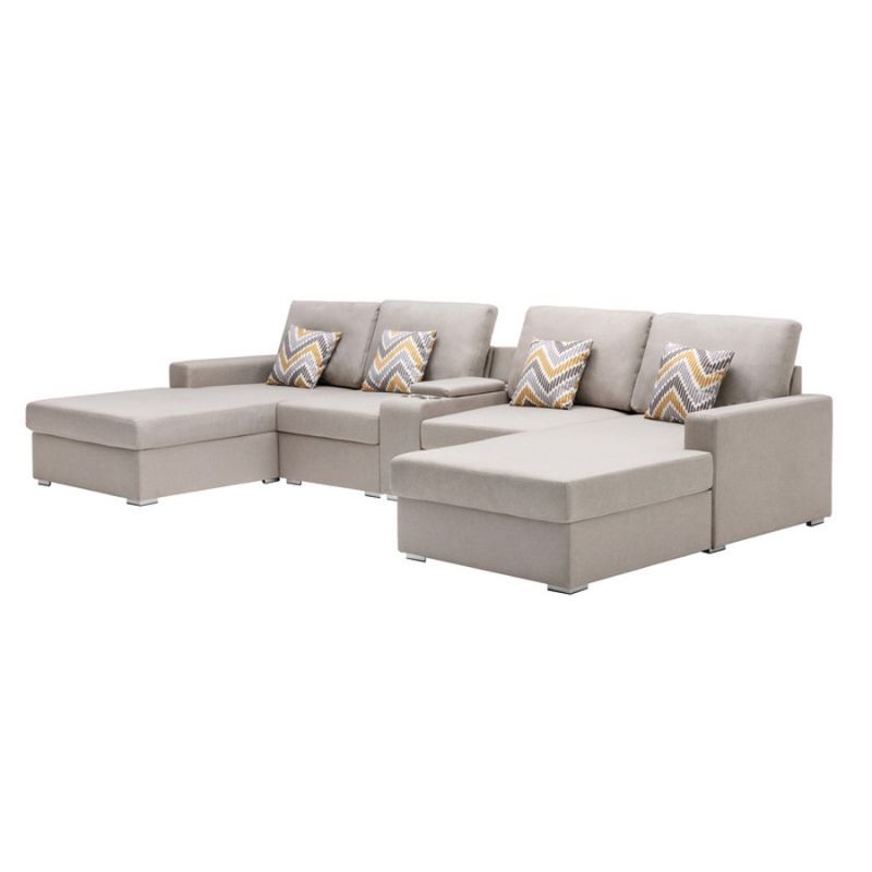 Lilola Home - Nolan Beige Linen Fabric 5Pc Double Chaise Sectional Sofa with Interchangeable Legs, a USB, Charging Ports, Cupholders, Storage Console Table and Pillows - 89420-8