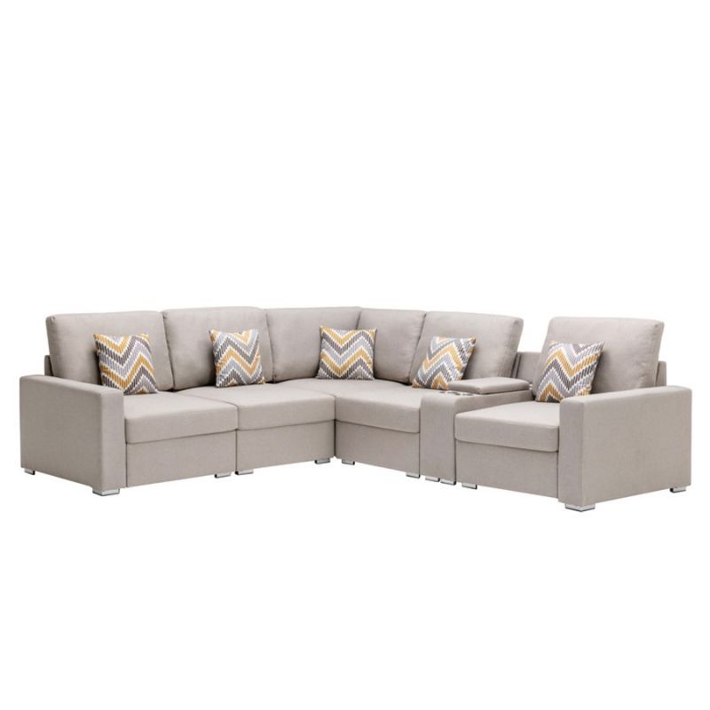Lilola Home - Nolan Beige Linen Fabric 6Pc Reversible Sectional Sofa with a USB, Charging Ports, Cupholders, Storage Console Table and Pillows and Interchangeable Legs - 89420-2A
