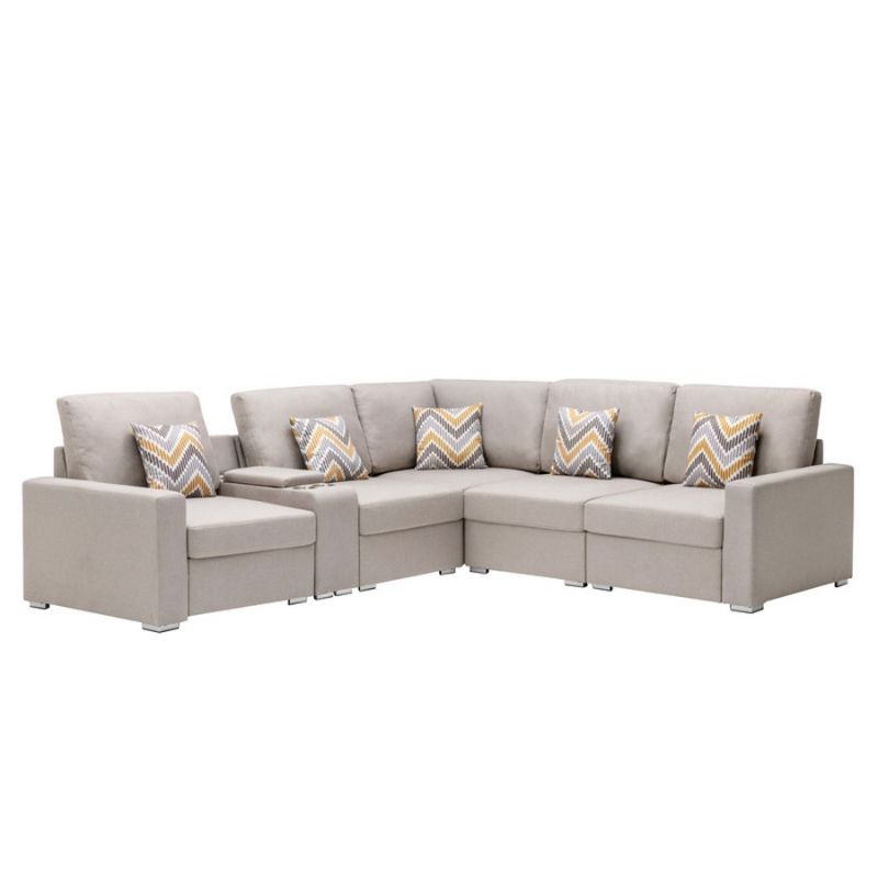 Lilola Home - Nolan Beige Linen Fabric 6Pc Reversible Sectional Sofa with a USB, Charging Ports, Cupholders, Storage Console Table and Pillows and Interchangeable Legs - 89420-2B