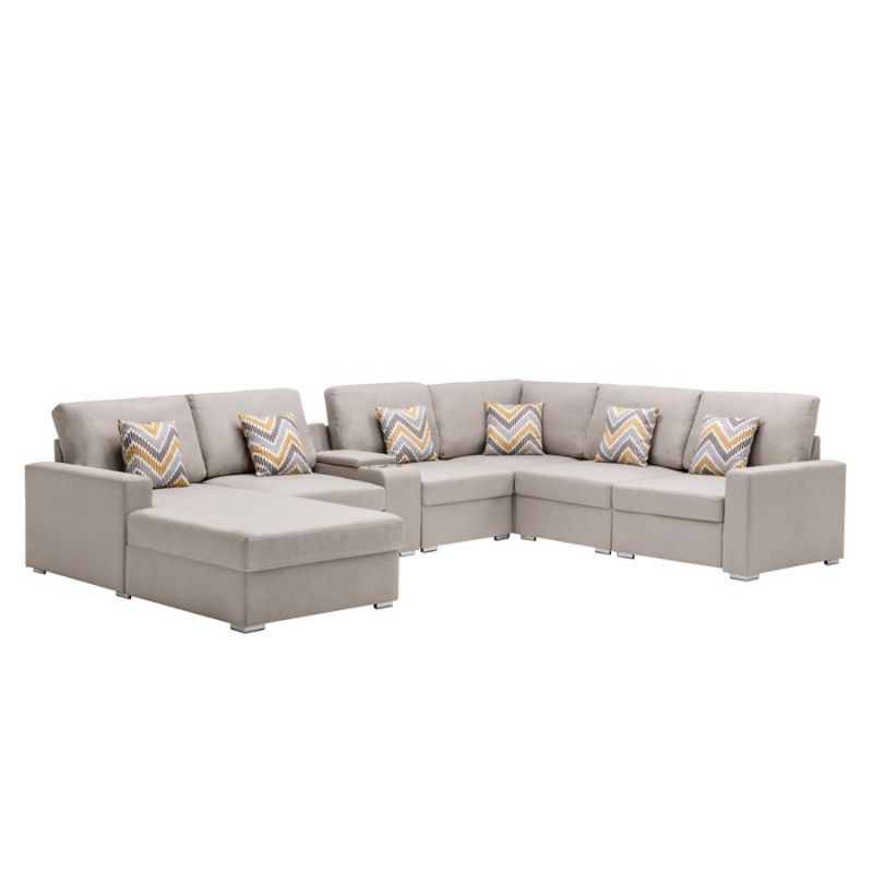 Lilola Home - Nolan Beige Linen Fabric 7Pc Reversible Chaise Sectional Sofa with a USB, Charging Ports, Cupholders, Storage Console Table and Pillows and Interchangeable Legs - 89420-4B