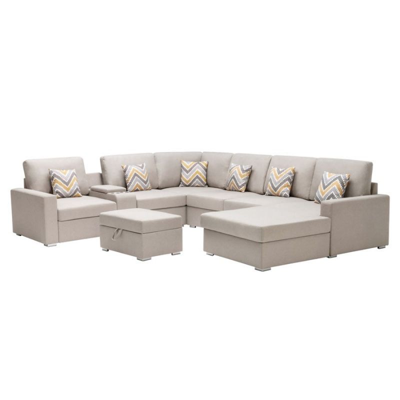 Lilola Home - Nolan Beige Linen Fabric 8Pc Reversible Chaise Sectional Sofa with Interchangeable Legs, Pillows, Storage Ottoman, and a USB, Charging Ports, Cupholders, Storage Console Table - 89420-18A