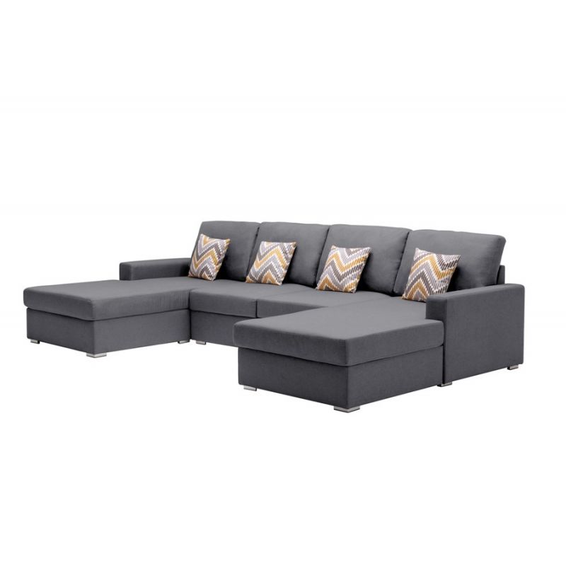 Lilola Home - Nolan Gray Linen Fabric 4Pc Double Chaise Sectional Sofa with Pillows and Interchangeable Legs - 89425-9