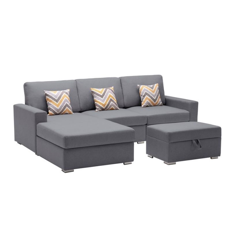 Lilola Home - Nolan Gray Linen Fabric 4Pc Reversible Sofa Chaise with Interchangeable Legs, Storage Ottoman, and Pillows - 89425-21A