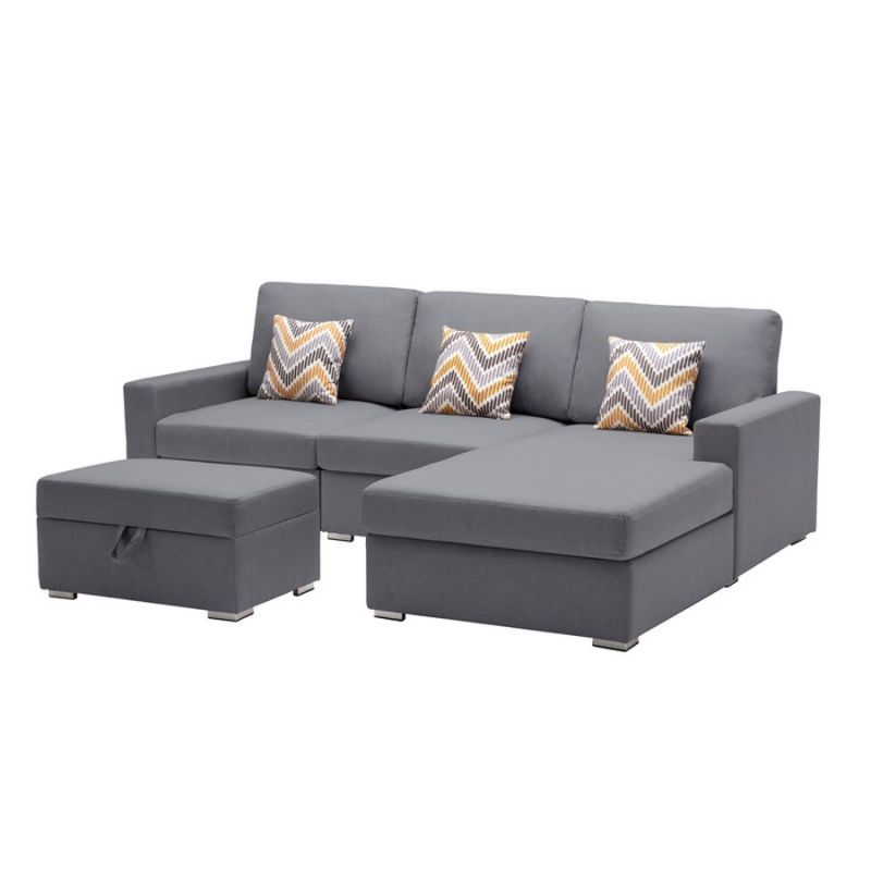 Lilola Home - Nolan Gray Linen Fabric 4Pc Reversible Sofa Chaise with Interchangeable Legs, Storage Ottoman, and Pillows - 89425-21B