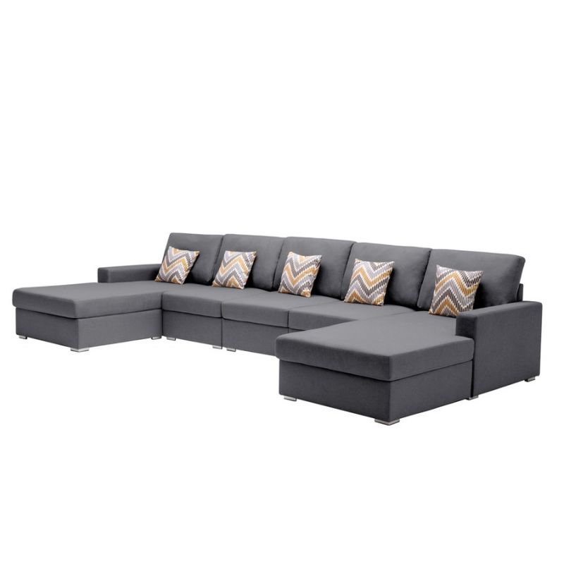 Lilola Home - Nolan Gray Linen Fabric 5Pc Double Chaise Sectional Sofa with Pillows and Interchangeable Legs - 89425-7