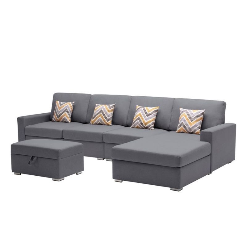 Lilola Home - Nolan Gray Linen Fabric 5Pc Reversible Sofa Chaise with Interchangeable Legs, Storage Ottoman, and Pillows - 89425-22B