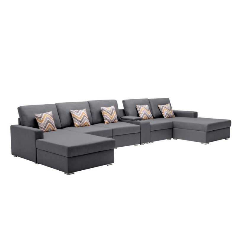 Lilola Home - Nolan Gray Linen Fabric 6Pc Double Chaise Sectional Sofa with Interchangeable Legs, a USB, Charging Ports, Cupholders, Storage Console Table and Pillows - 89425-6A