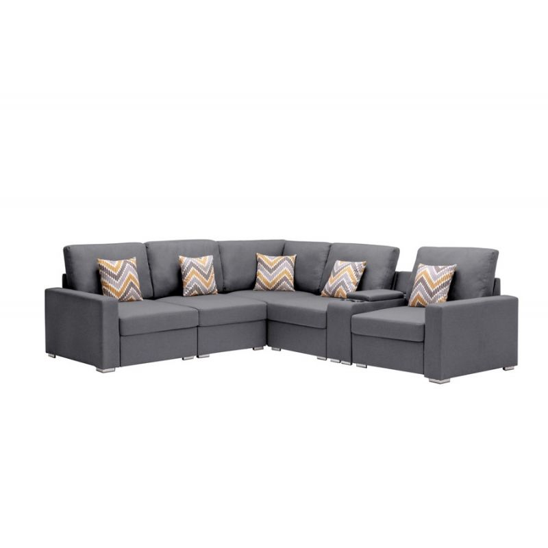 Lilola Home - Nolan Gray Linen Fabric 6Pc Reversible Sectional Sofa with a USB, Charging Ports, Cupholders, Storage Console Table and Pillows and Interchangeable Legs - 89425-2A