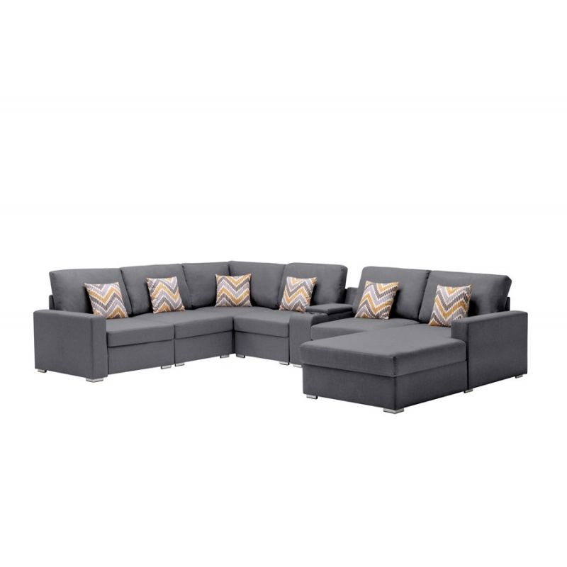 Lilola Home - Nolan Gray Linen Fabric 7Pc Reversible Chaise Sectional Sofa with a USB, Charging Ports, Cupholders, Storage Console Table and Pillows and Interchangeable Legs - 89425-4A