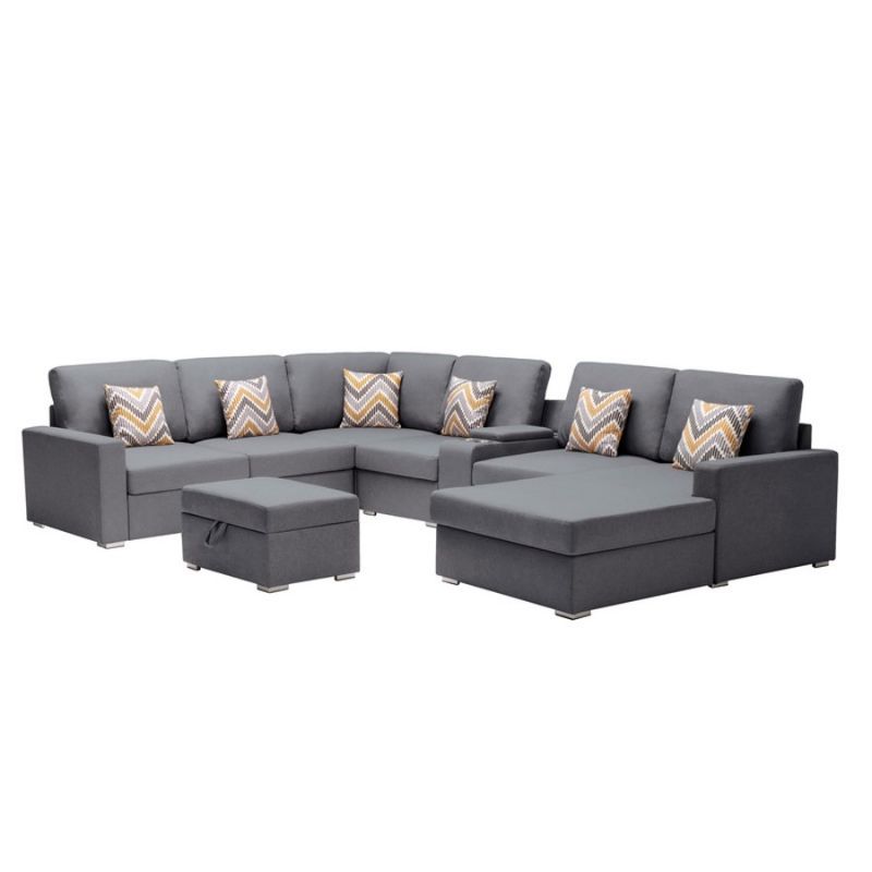 Lilola Home - Nolan Gray Linen Fabric 8Pc Reversible Chaise Sectional Sofa with Interchangeable Legs, Pillows, Storage Ottoman, and a USB, Charging Ports, Cupholders, Storage Console Table - 89425-19A