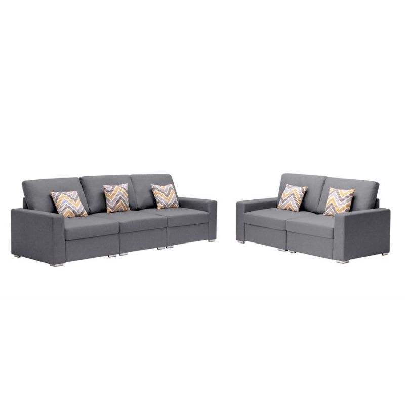 Lilola Home - Nolan Gray Linen Fabric Sofa and Loveseat Living Room Set with Pillows and Interchangeable Legs - 89425-10