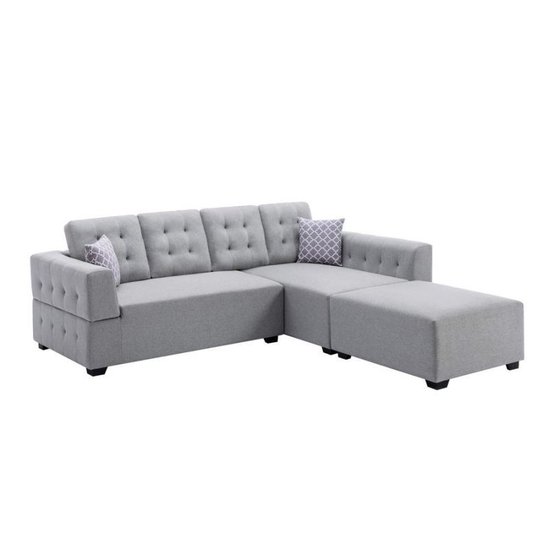 Lilola Home - Ordell Light Gray Linen Fabric Sectional Sofa with Right Facing Chaise Ottoman and Pillows - 89717LG