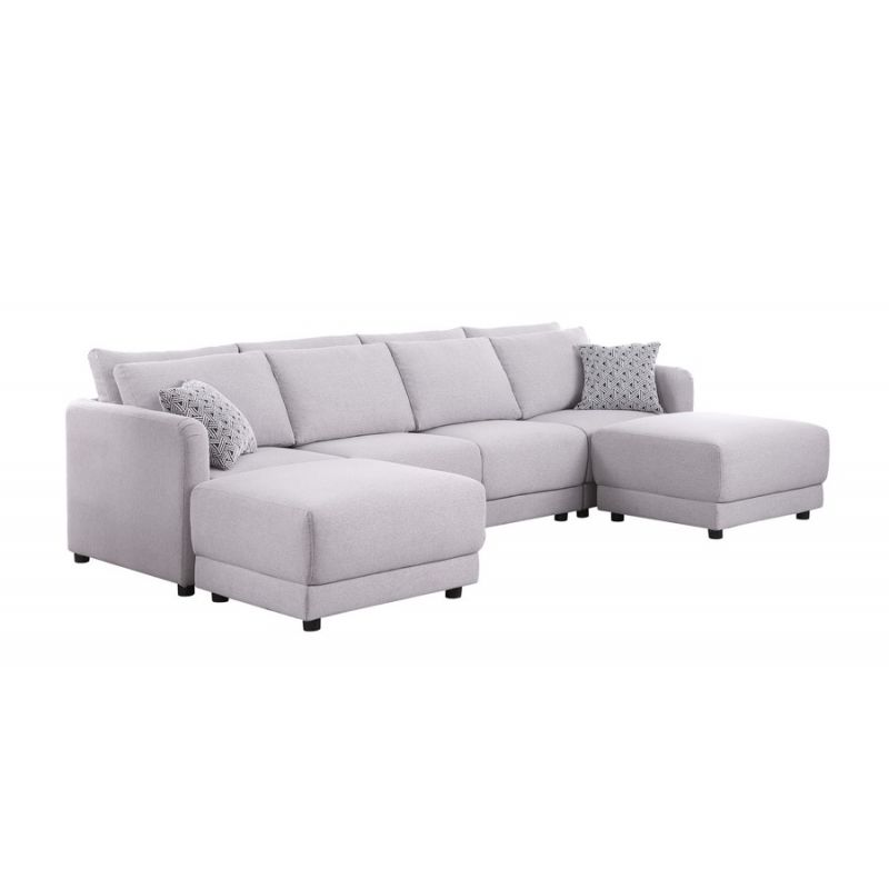 Lilola Home - Penelope Light Gray Linen Fabric 4-Seater Sofa with 2 Ottoman and Pillows - 89126-10