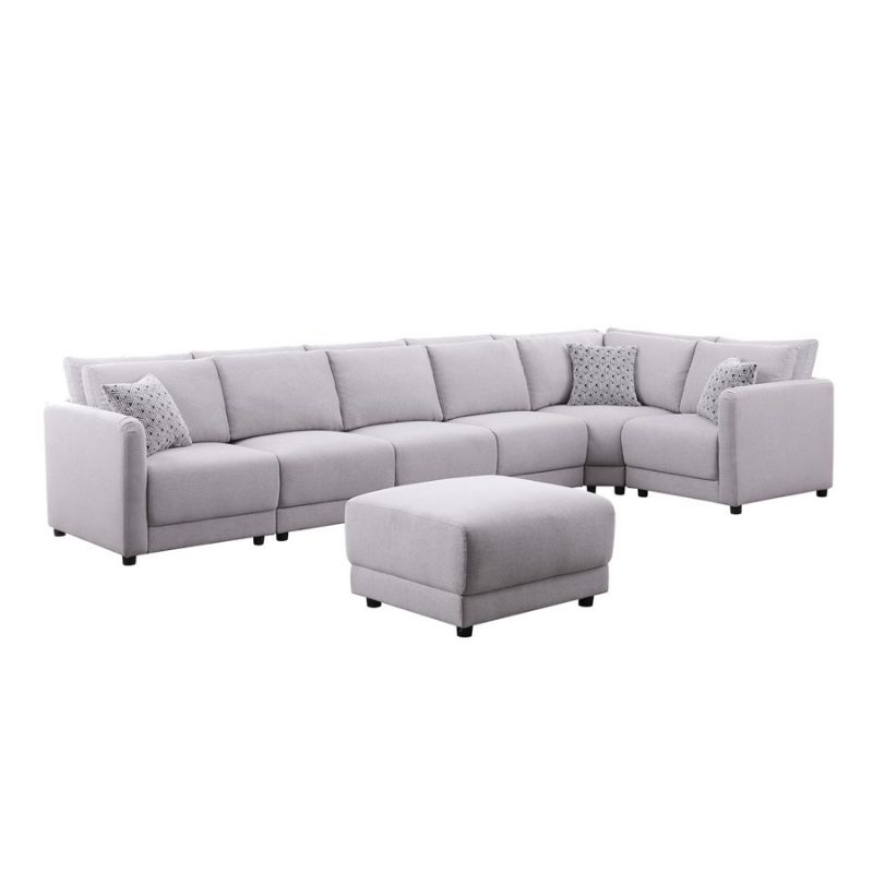 Lilola Home - Penelope Light Gray Linen Fabric Reversible 7PC Modular Sectional Sofa with Ottoman and Pillows - 89126-2