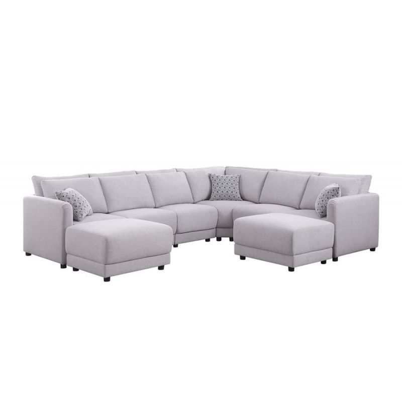 Lilola Home - Penelope Light Gray Linen Fabric Reversible 8PC Modular Sectional Sofa with Ottomans and Pillows - 89126-12