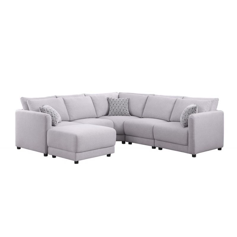 Lilola Home - Penelope Light Gray Linen Fabric Reversible L-Shape Sectional Sofa with Ottoman and Pillows - 89126-11A