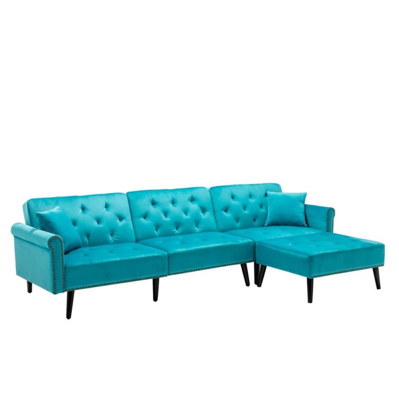 Lilola Home - Piper Light Blue Velvet Sofa Bed with Ottoman and 2 Accent Pillows - 87842LB