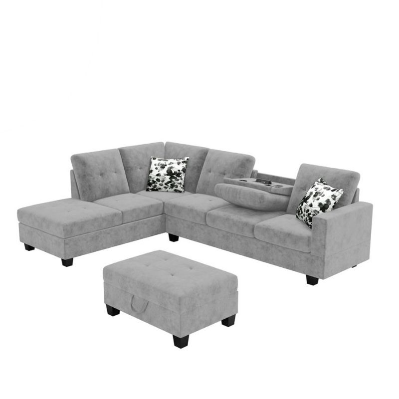 Lilola Home - Remi Light Gray Velvet Reversible Sectional Sofa with Dropdown Table, Charging Ports, Cupholders, Storage Ottoman, and Pillows - 87714