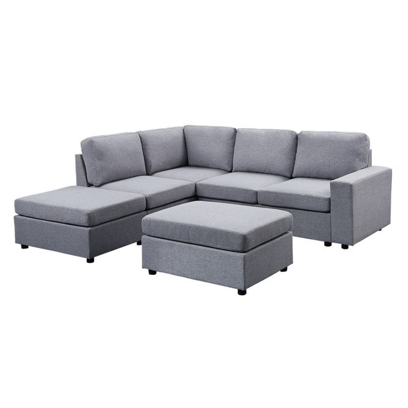 Lilola Home - Skye Light Gray Linen 6 Seat Reversible Modular Sectional Sofa with Ottoman - 881802-8