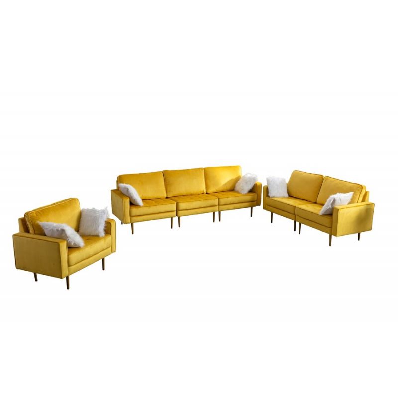 Lilola Home - Theo Yellow Velvet Sofa Loveseat Chair Living Room Set with Pillows - 81359YW