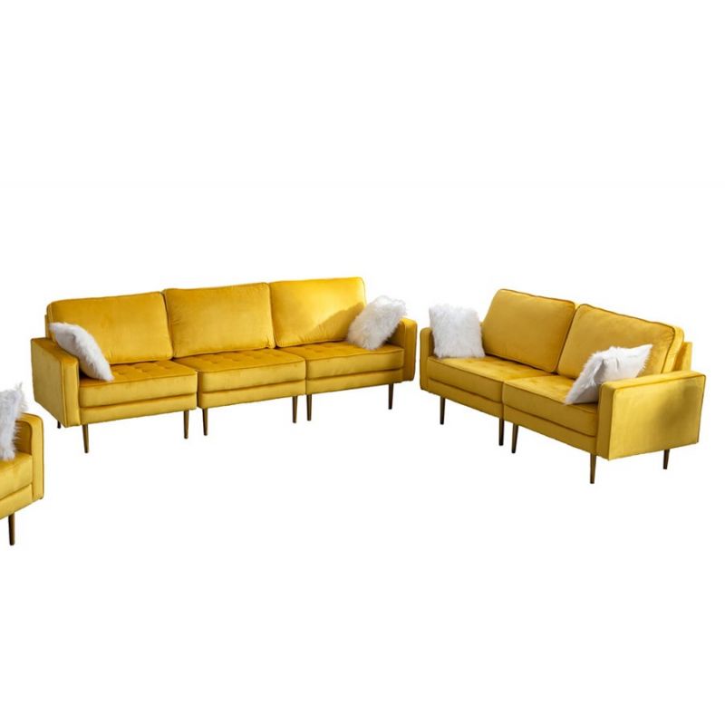 Lilola Home - Theo Yellow Velvet Sofa Loveseat Living Room Set with Pillows - 81359YW-SL