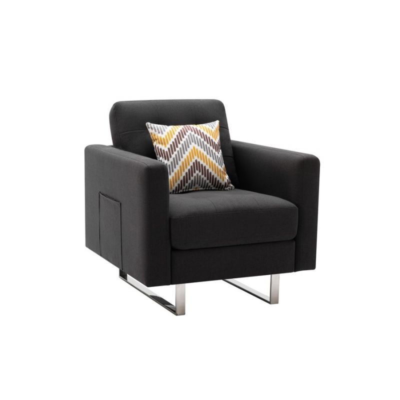 Lilola Home - Victoria Dark Gray Linen Fabric Armchair with Metal Legs, Side Pockets, and Pillow - 88865-C