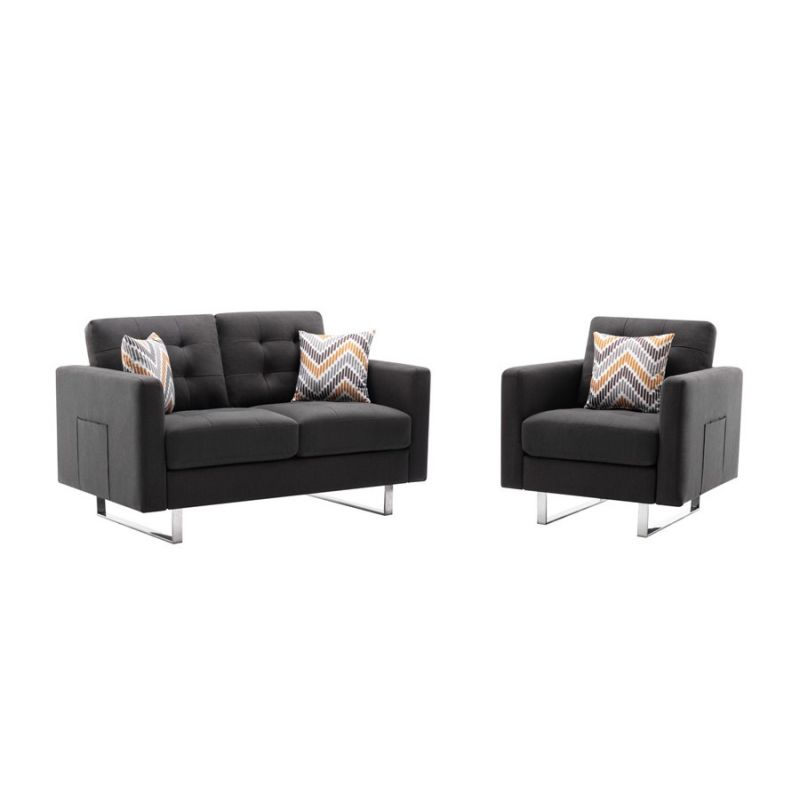 Lilola Home - Victoria Dark Gray Linen Fabric Loveseat Chair Living Room Set with Metal Legs, Side Pockets, and Pillows - 88865