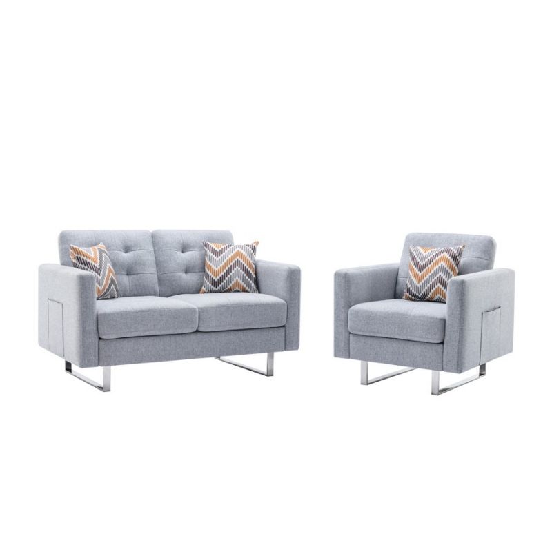 Lilola Home - Victoria Light Gray Linen Fabric Loveseat Chair Living Room Set with Metal Legs, Side Pockets, and Pillows - 88865LG
