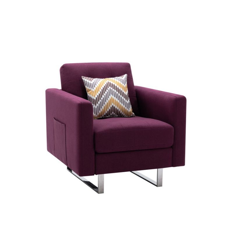 Lilola Home - Victoria Purple Linen Fabric Armchair with Metal Legs, Side Pockets, and Pillow - 88865PE-C