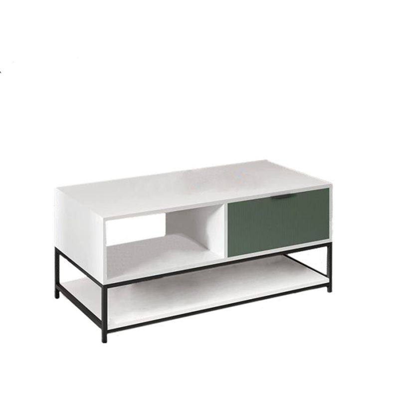 Lilola Home - Watson White and Green Wood Coffee Table Steel Frame with Shelves and Drawer - 52972
