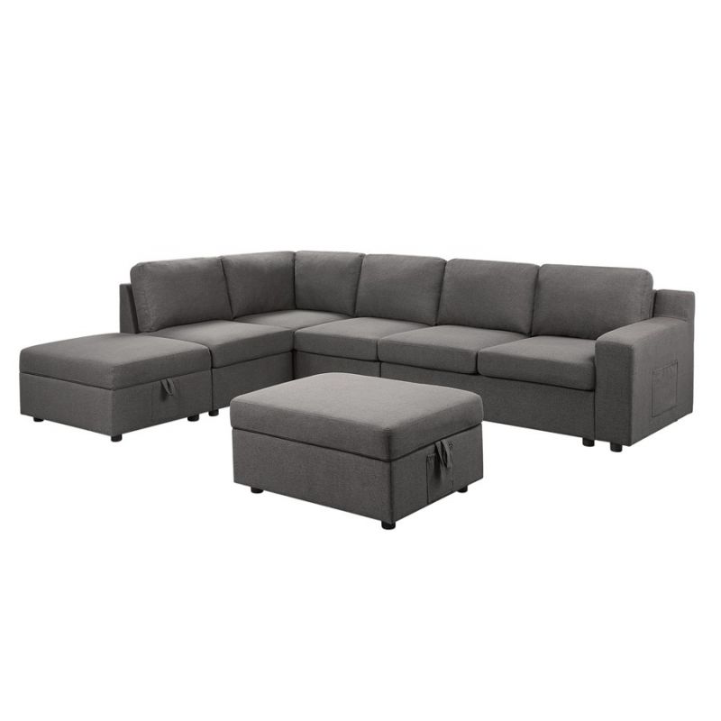 Lilola Home - Waylon Gray Linen 7-Seater L-Shape Sectional Sofa with Storage Ottomans and Pockets - 81803-1