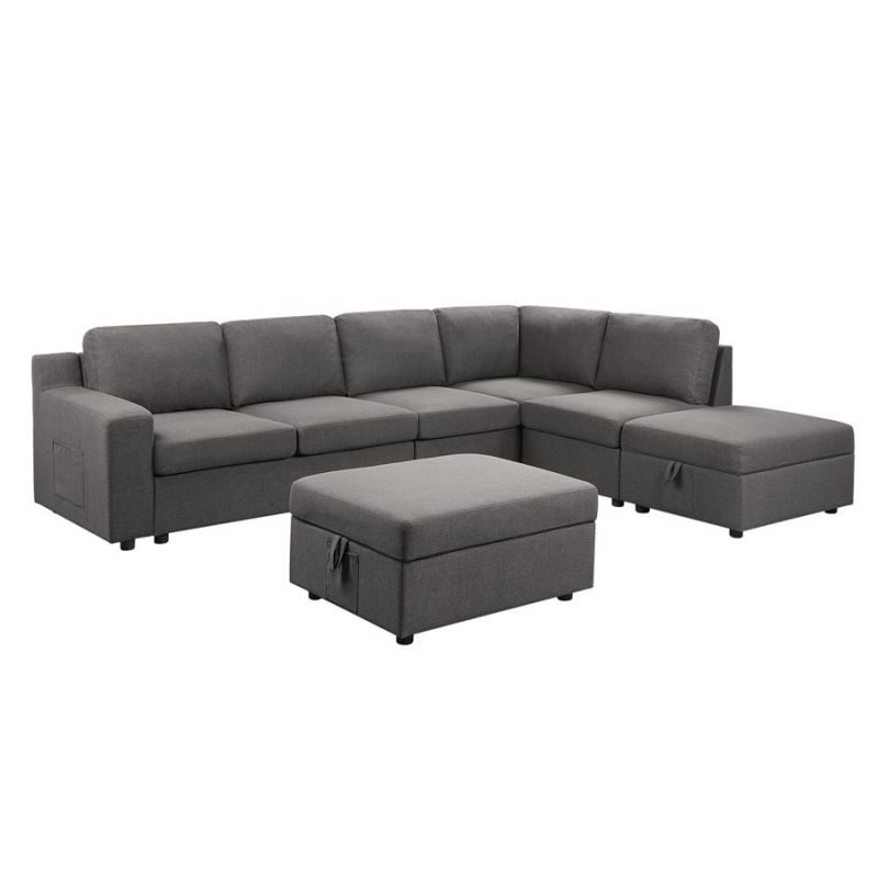 Lilola Home - Waylon Gray Linen 7-Seater L-Shape Sectional Sofa with Storage Ottomans and Pockets - 81803-8
