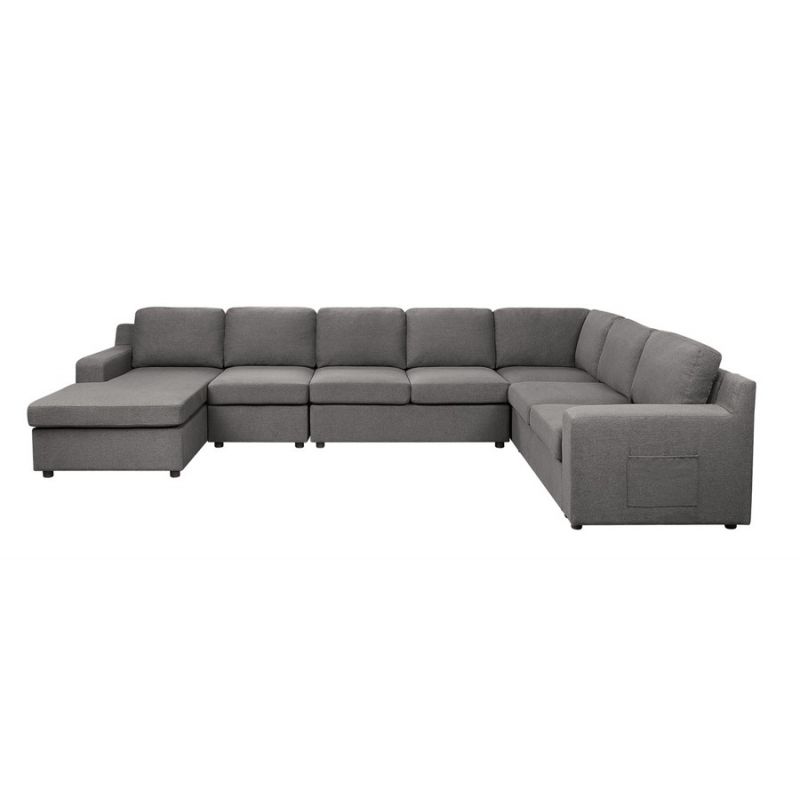 Lilola Home - Waylon Gray Linen 7-Seater U-Shape Sectional Sofa Chaise with Pocket - 81803-6