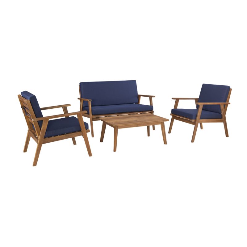 Linon Home Decor - Cole Outdoor Chat 4 Piece Seating Set With Blue Cushions - OD27BLUSETABU