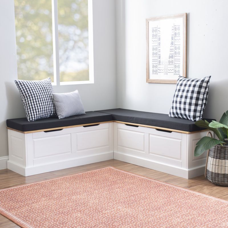 Linon Home Decor - Tobin Corner Nook Bench, Natural/White with Black Cushions - KNK169NWBLKSET