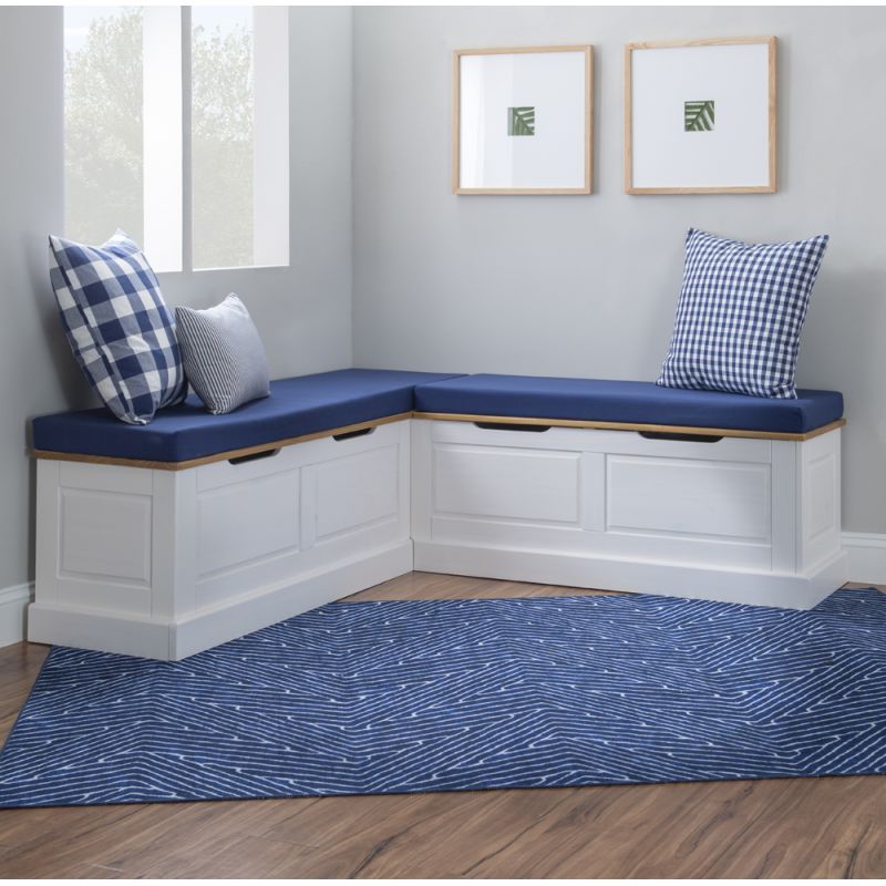 Linon Home Decor - Tobin Corner Nook Bench, Natural/White with Navy Cushions - KNK169NWNVYSET