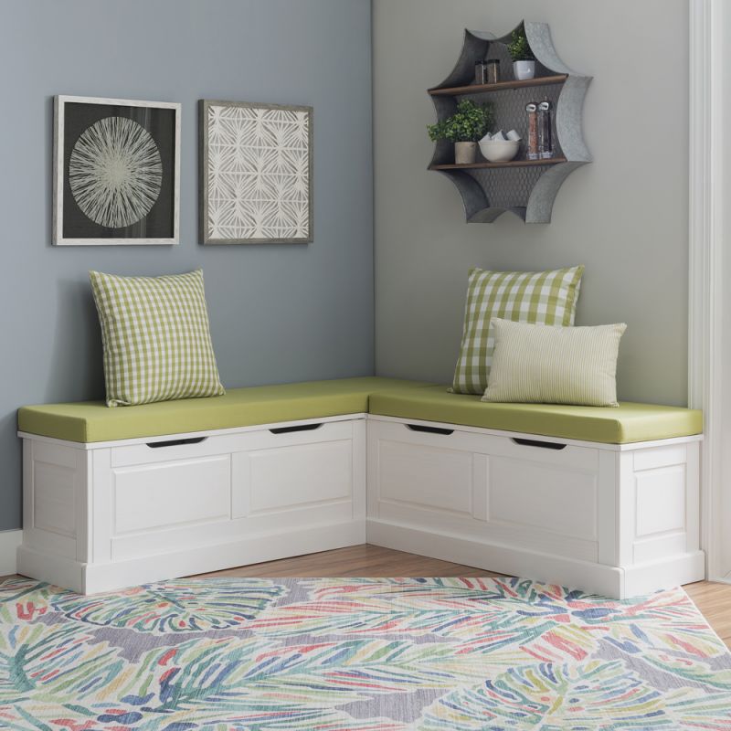 Linon Home Decor - Tobin Corner Nook Bench, White with Apple Green Cushions - KNK169WGRNSET