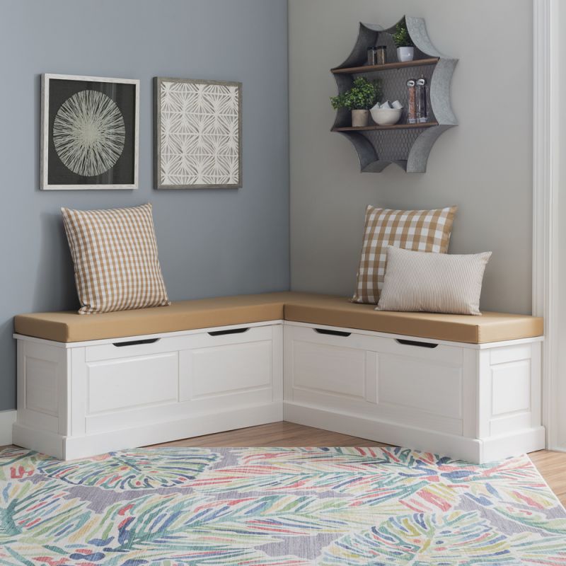 Linon Home Decor - Tobin Corner Nook Bench, White with Beige Cushions - KNK169WBGESET
