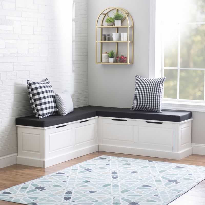 Linon Home Decor - Tobin Corner Nook Bench, White with Black Cushions - KNK169WBLKSET