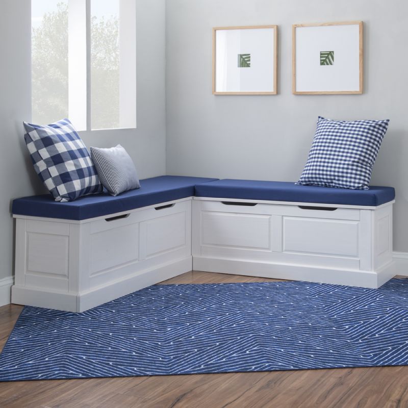 Linon Home Decor - Tobin Corner Nook Bench, White with Navy Cushions - KNK169WNVYSET