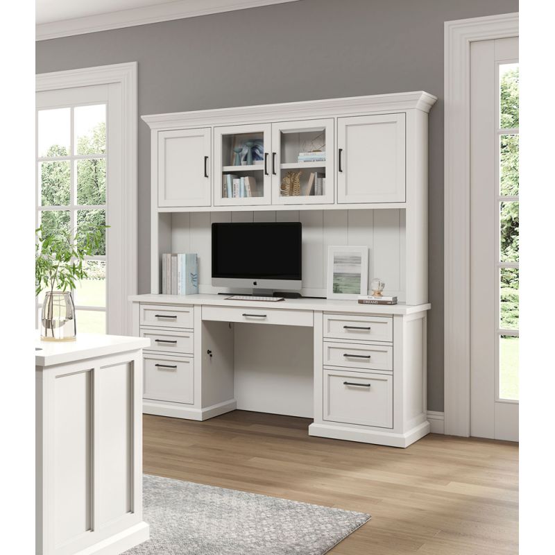 Martin Furniture - Abby - Modern Wood Hutch With Doors and Desk, Storage Hutch and Credenza, Fully Assembled, White - IMAY682-689KIT