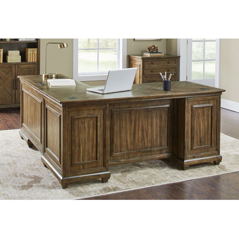 Martin Furniture - Porter - Traditional Wood L-Desk & Return, Writing Table & Return, Office Desk & Return, Corner Desk & Return, Brown - IMPR684R-KIT