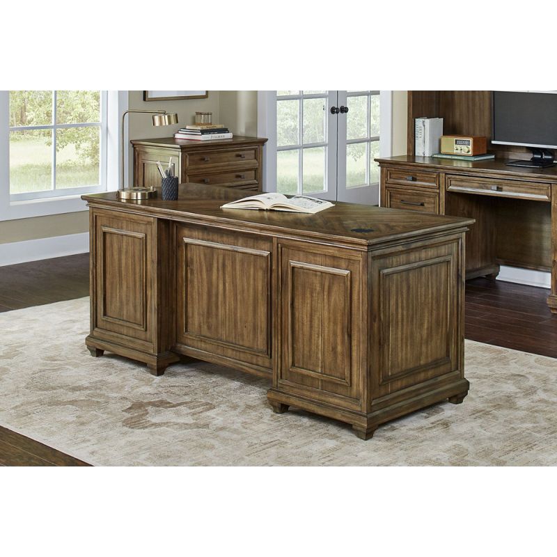 Martin Furniture - Porter - Traditional Wood Double Pedestal Executive Desk, Writing Table, Office Desk, Fully Assembled, Brown - IMPR680