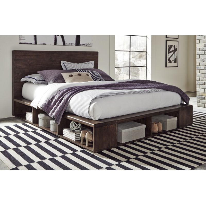 Solid Wood Low Platform Storage Bed, California King Size Platform Bed With Storage